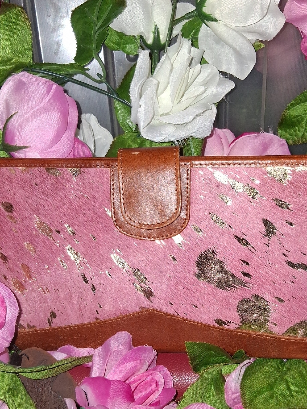 Pink Haircalf Leather Clutch with Brown Trim